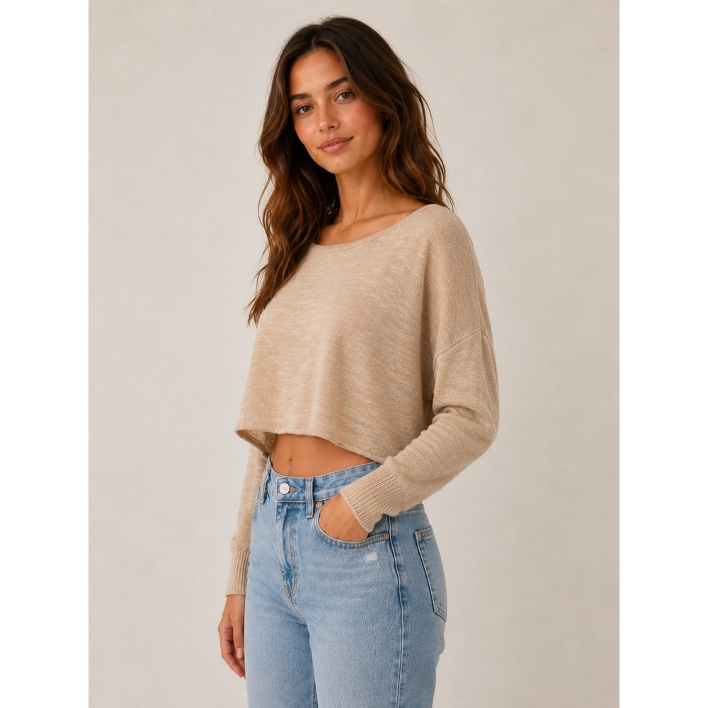 Natural Life Womens Tan Sweater S Cropped Drop Shoulder Boho Lightweight